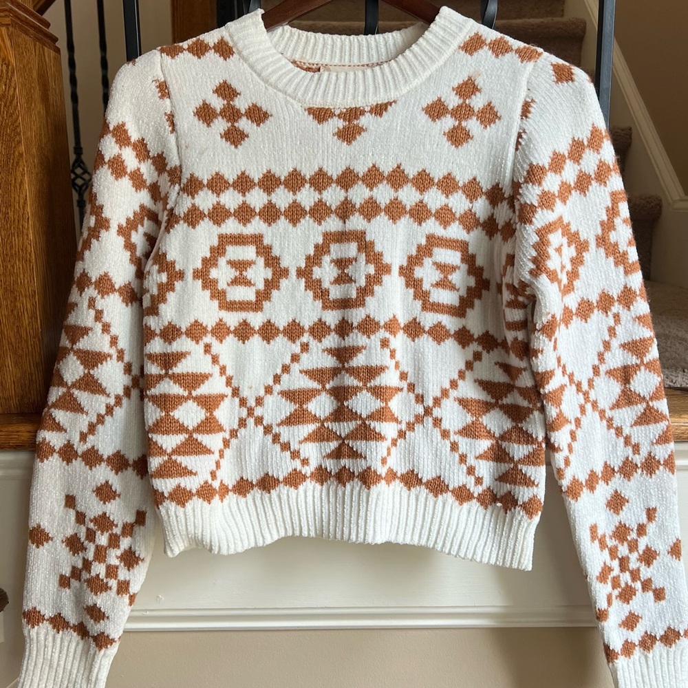 Altar'd State White and Rust Aztec Crewneck Sweater